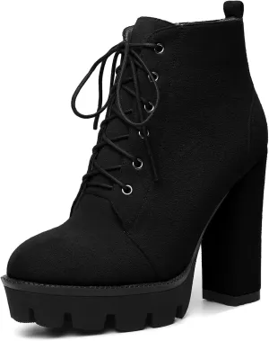 Mettesally Womens Platform Lace Up Ankle Boots Round Toe Chunky Block High Heels Side Zipper Short Boots Office Winter Shoes