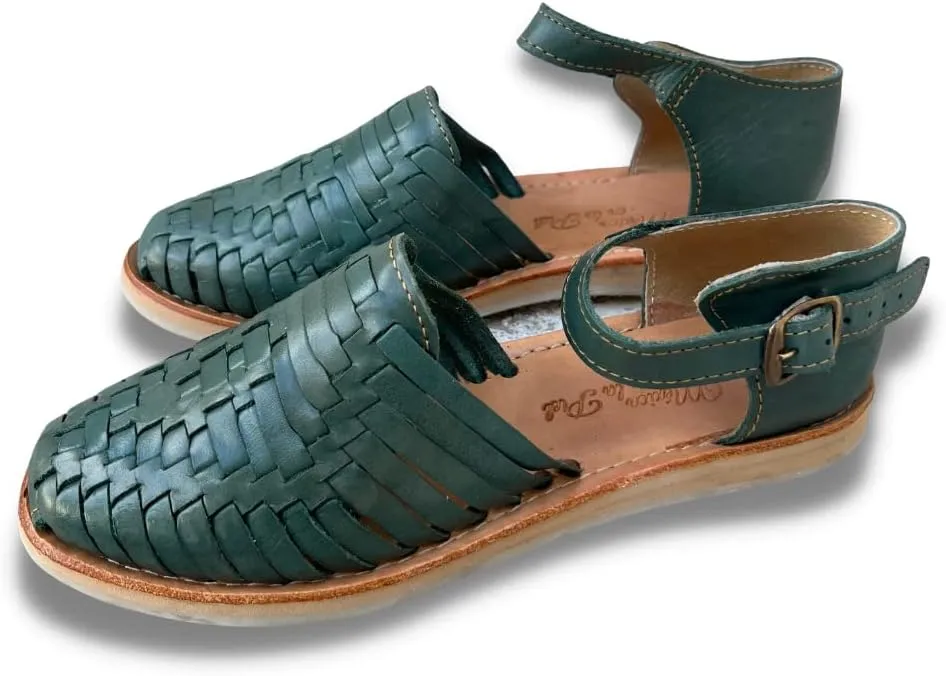 Mexico en la Piel Women's Handmade Leather Huarache Sandals – Genuine Leather, Adjustable Ankle Strap, Closed Toe, Water-Resistant, Casual Flats for Everyday Use – Available in Purple and Green