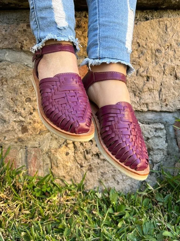 Mexico en la Piel Women's Handmade Leather Huarache Sandals – Genuine Leather, Adjustable Ankle Strap, Closed Toe, Water-Resistant, Casual Flats for Everyday Use – Available in Purple and Green