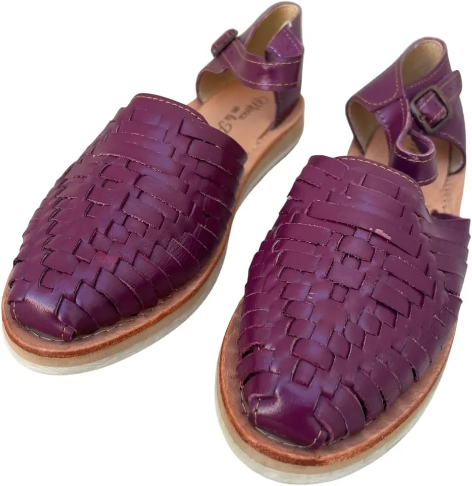 Mexico en la Piel Women's Handmade Leather Huarache Sandals – Genuine Leather, Adjustable Ankle Strap, Closed Toe, Water-Resistant, Casual Flats for Everyday Use – Available in Purple and Green