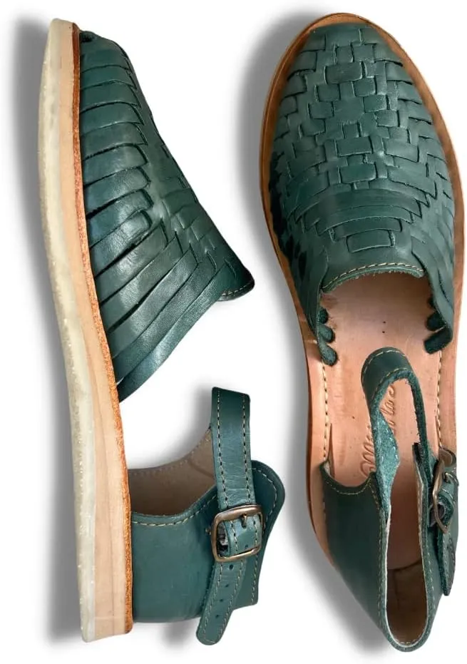 Mexico en la Piel Women's Handmade Leather Huarache Sandals – Genuine Leather, Adjustable Ankle Strap, Closed Toe, Water-Resistant, Casual Flats for Everyday Use – Available in Purple and Green