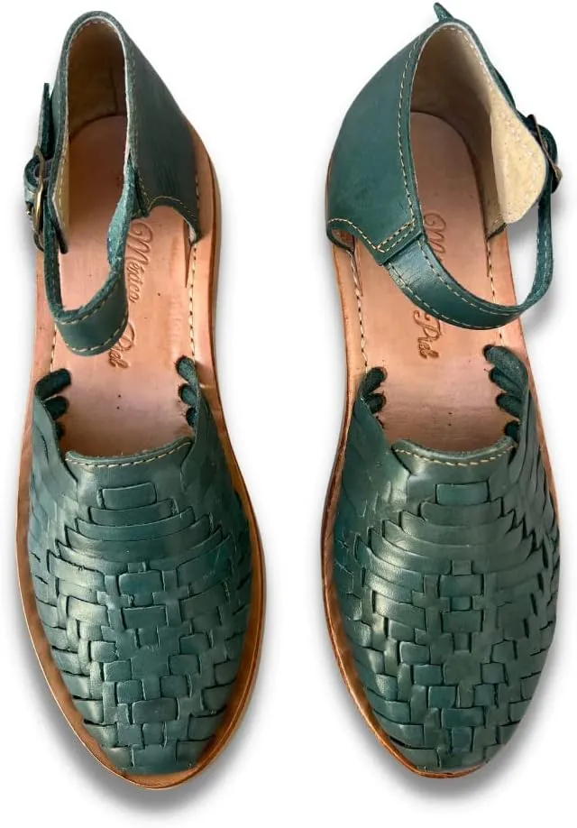 Mexico en la Piel Women's Handmade Leather Huarache Sandals – Genuine Leather, Adjustable Ankle Strap, Closed Toe, Water-Resistant, Casual Flats for Everyday Use – Available in Purple and Green