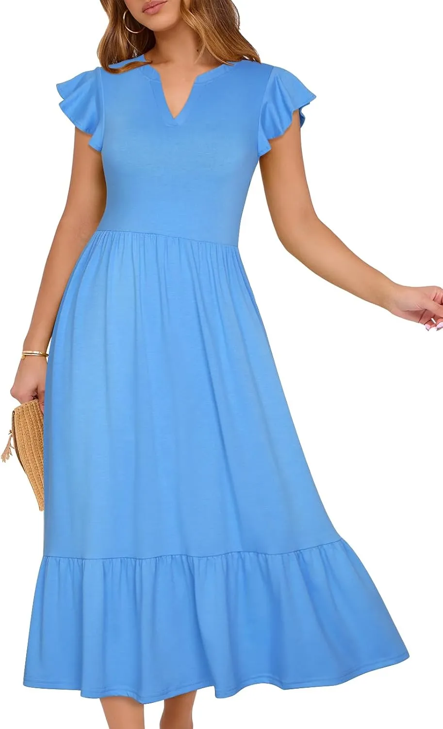 Midi Dresses for Women 2025 Casual with Pockets Ruffle Sleeve Notched Neck A Line Tiered Boho Beach Summer Sundresses