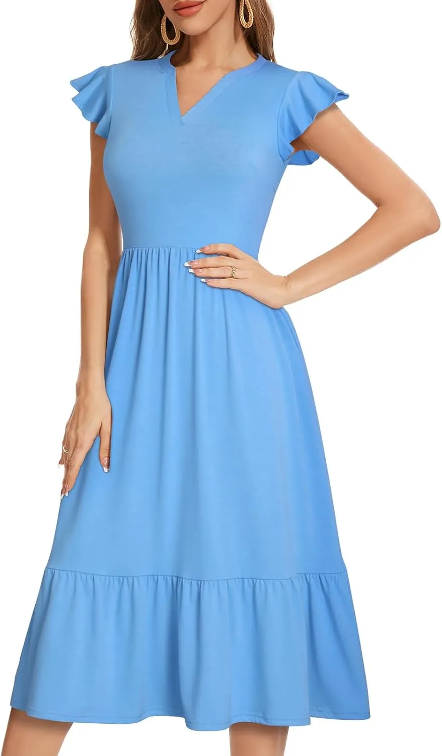 Midi Dresses for Women 2025 Casual with Pockets Ruffle Sleeve Notched Neck A Line Tiered Boho Beach Summer Sundresses