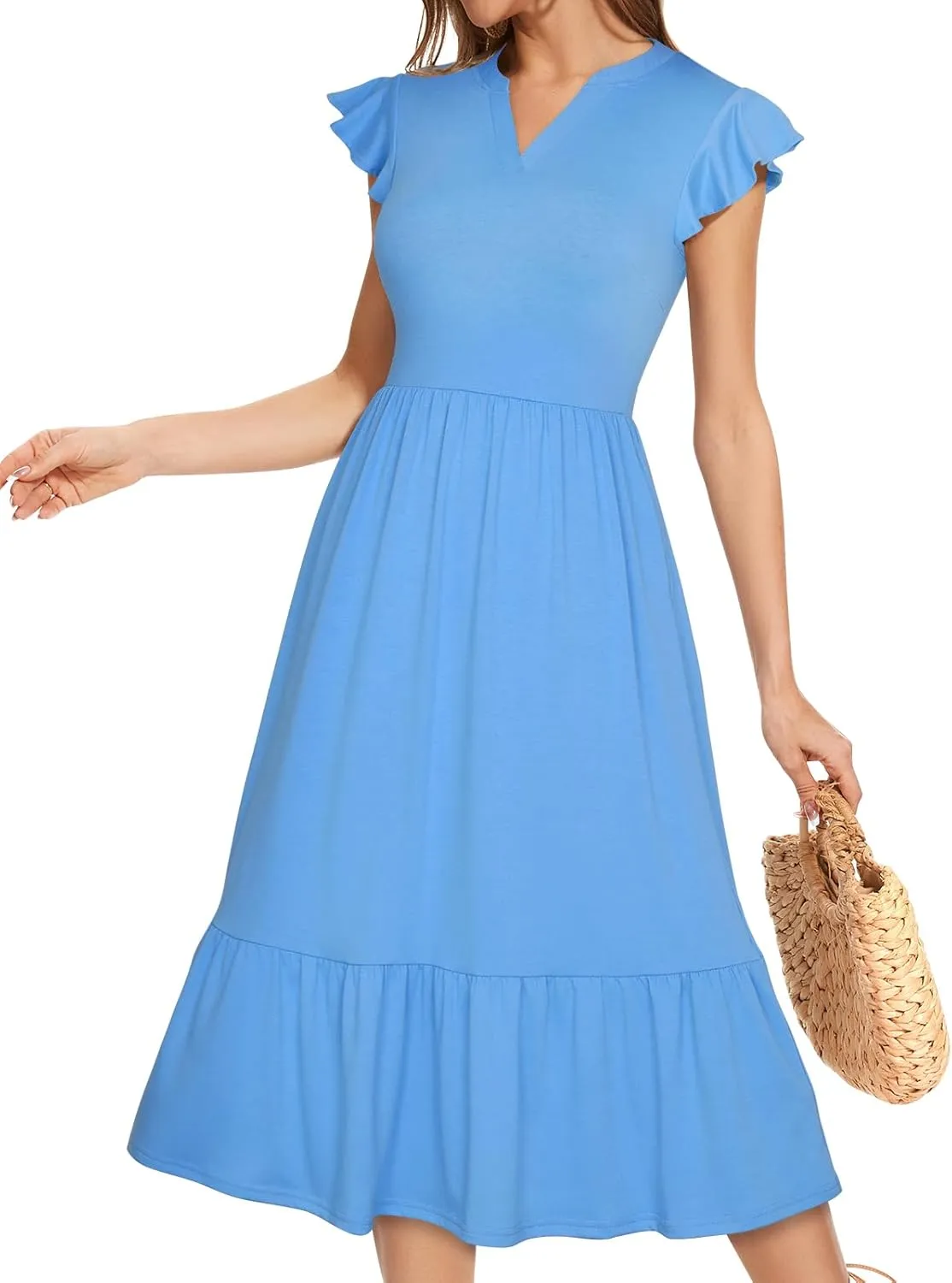 Midi Dresses for Women 2025 Casual with Pockets Ruffle Sleeve Notched Neck A Line Tiered Boho Beach Summer Sundresses