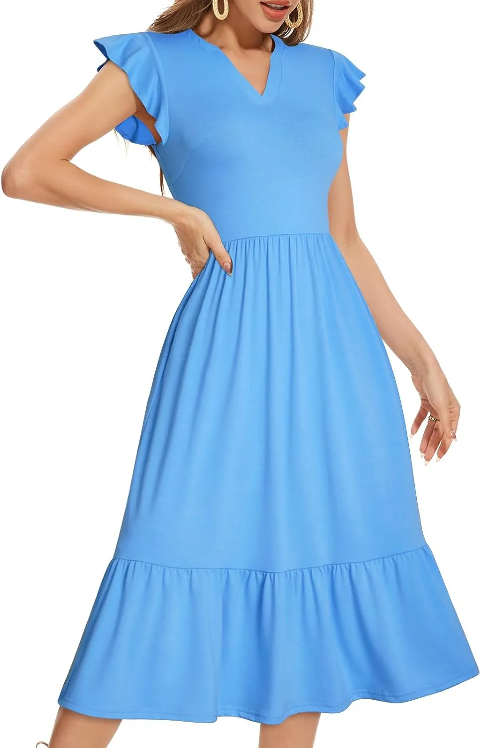 Midi Dresses for Women 2025 Casual with Pockets Ruffle Sleeve Notched Neck A Line Tiered Boho Beach Summer Sundresses