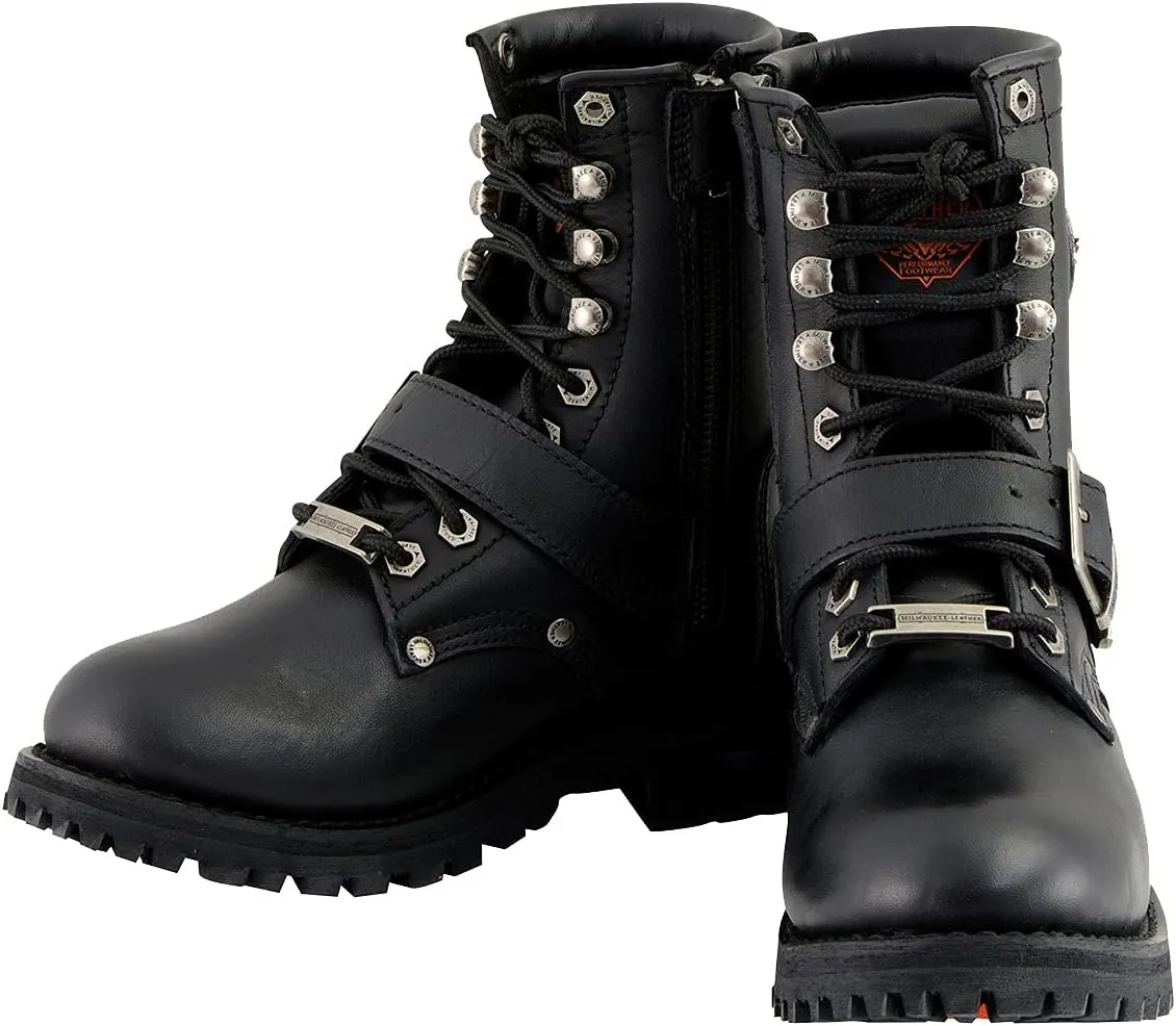 Milwaukee Leather MBL201 Women's Black Leather Lace-Up Motorcycle Rider Boots w/Buckles