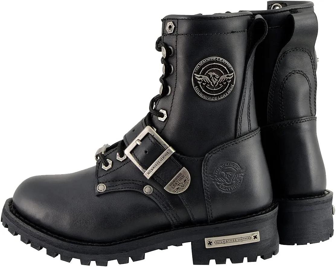 Milwaukee Leather MBL201 Women's Black Leather Lace-Up Motorcycle Rider Boots w/Buckles
