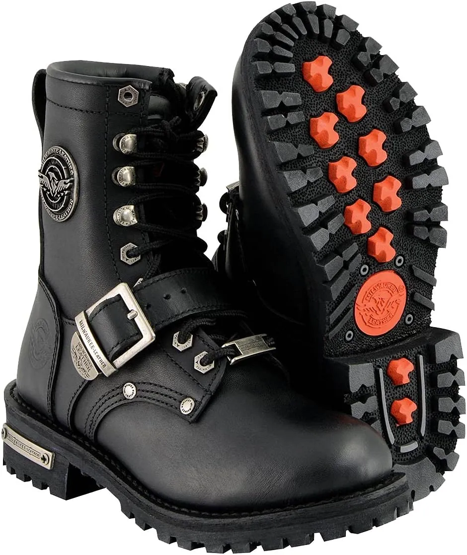 Milwaukee Leather MBL201 Women's Black Leather Lace-Up Motorcycle Rider Boots w/Buckles