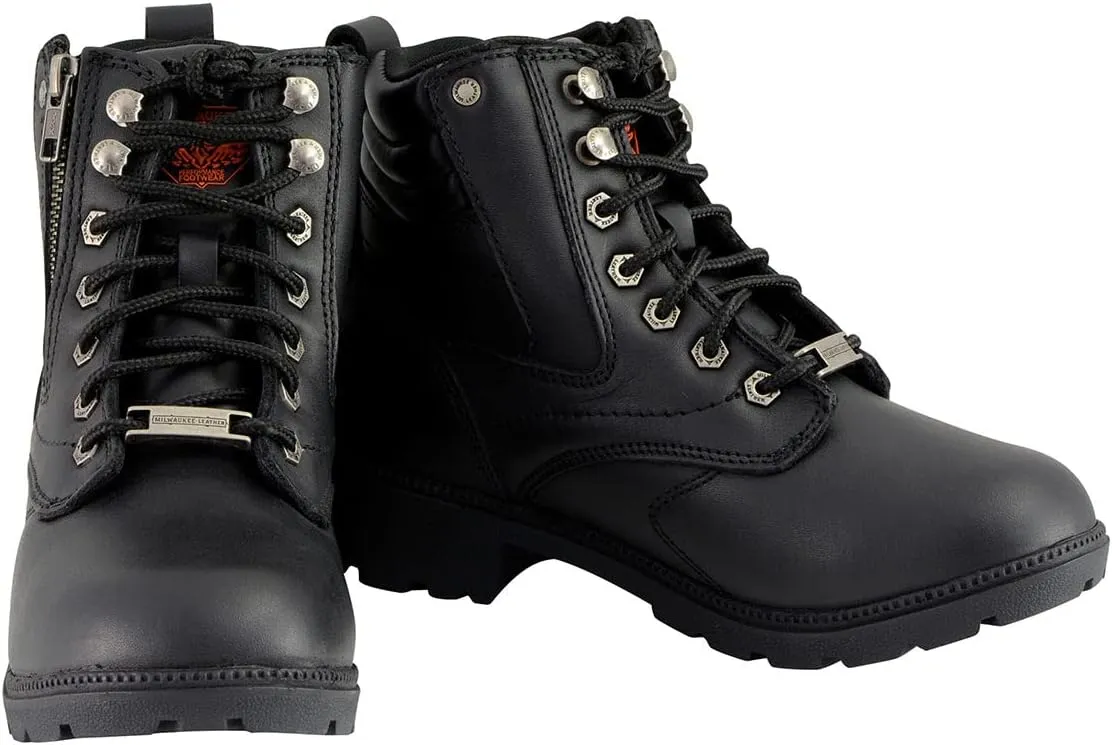 Milwaukee Leather MBL9320W Women's Black Premium Leather Wide-Width Lace-Up Motorcycle Rider Boots