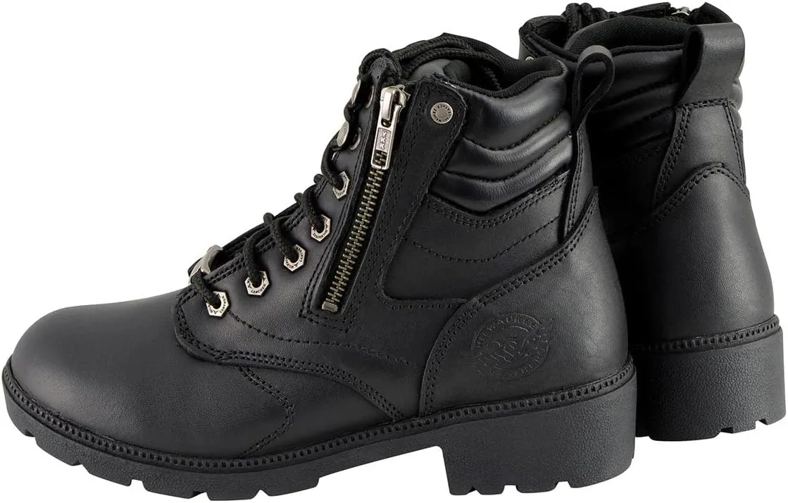 Milwaukee Leather MBL9320W Women's Black Premium Leather Wide-Width Lace-Up Motorcycle Rider Boots