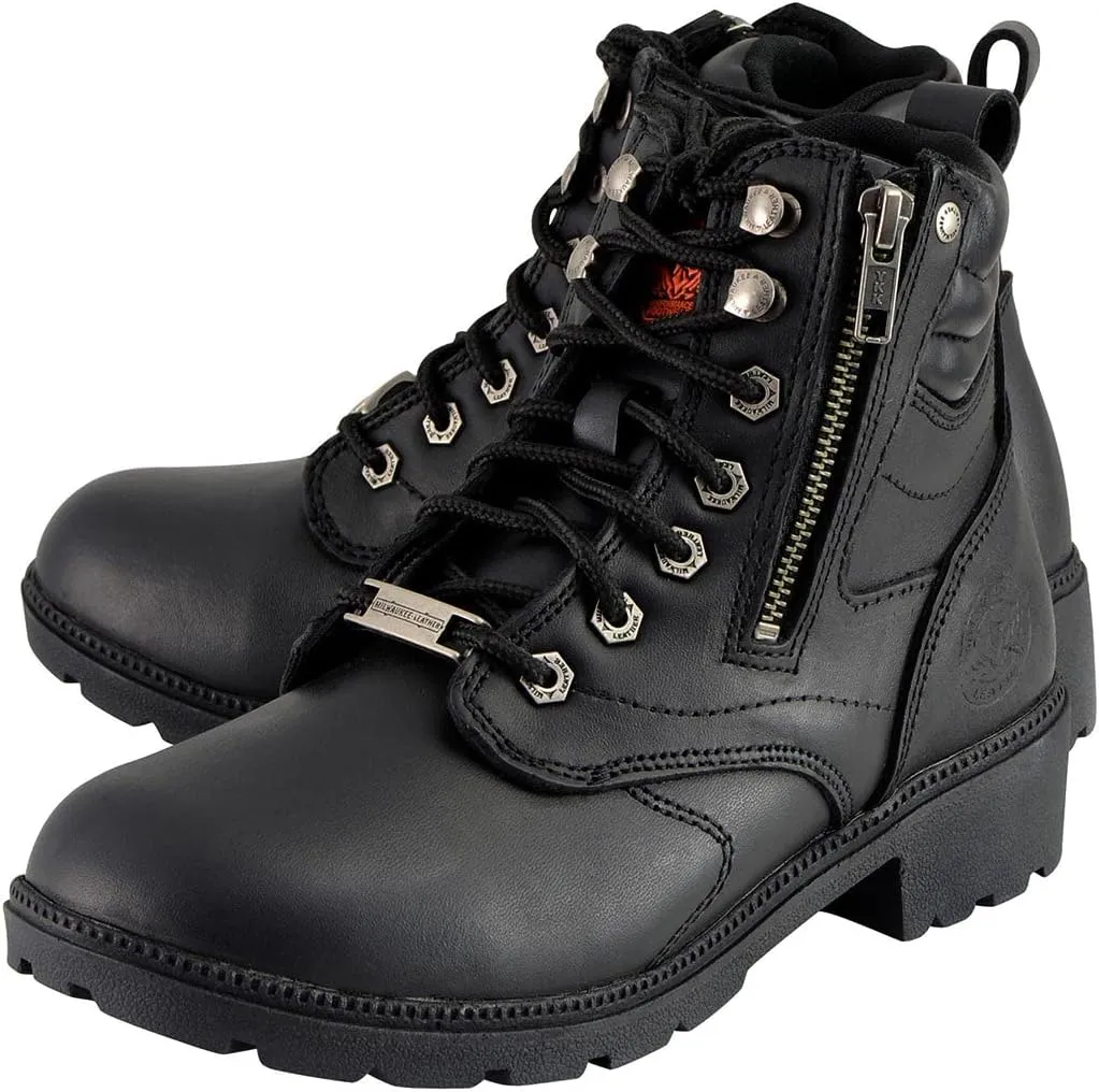 Milwaukee Leather MBL9320W Women's Black Premium Leather Wide-Width Lace-Up Motorcycle Rider Boots