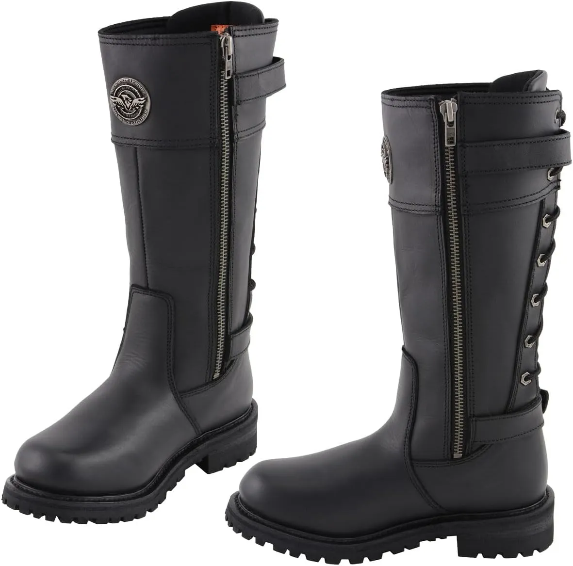 Milwaukee Leather MBL9385 Women's Black Leather 15-Inch Calf Laced Motorcycle Riding Boots with Side Zipper - 7