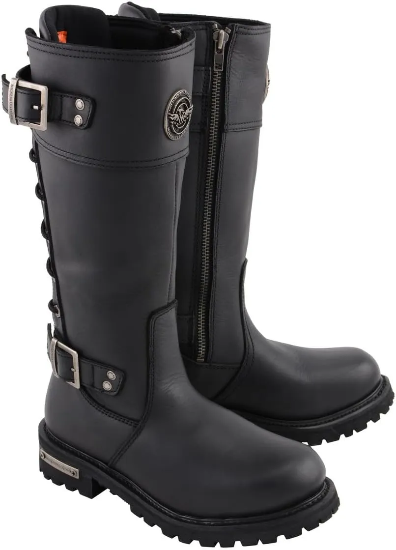 Milwaukee Leather MBL9385 Women's Black Leather 15-Inch Calf Laced Motorcycle Riding Boots with Side Zipper - 7