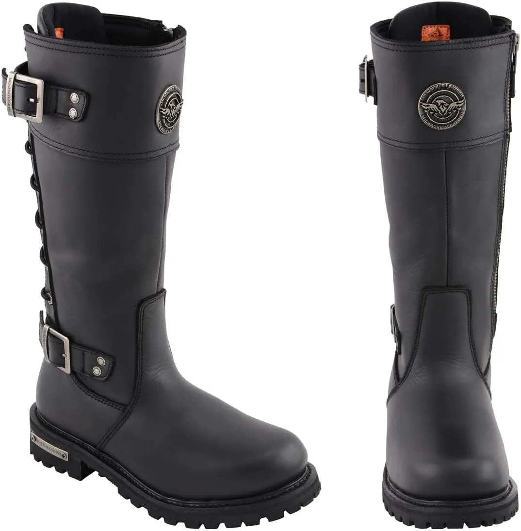 Milwaukee Leather MBL9385 Women's Black Leather 15-Inch Calf Laced Motorcycle Riding Boots with Side Zipper - 7