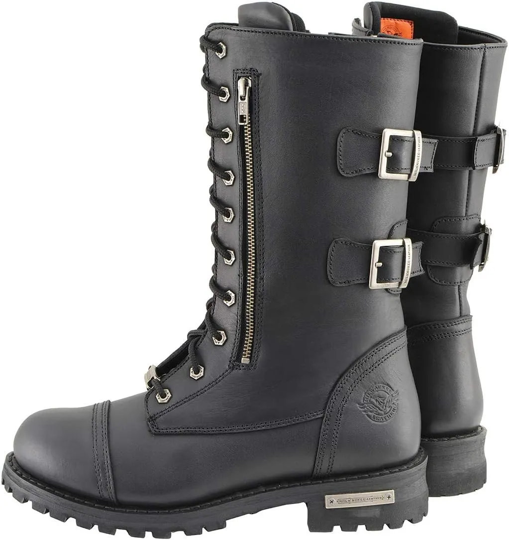 Milwaukee Leather Men’s 13-Inch-Tall Tactical Black Lace-Up Leather Boots Zipper w/Storage Pocket MBM9069-13