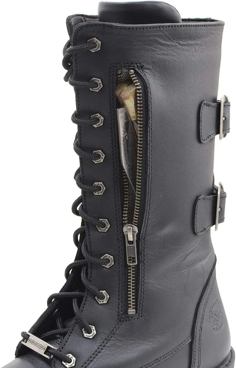 Milwaukee Leather Men’s 13-Inch-Tall Tactical Black Lace-Up Leather Boots Zipper w/Storage Pocket MBM9069-13