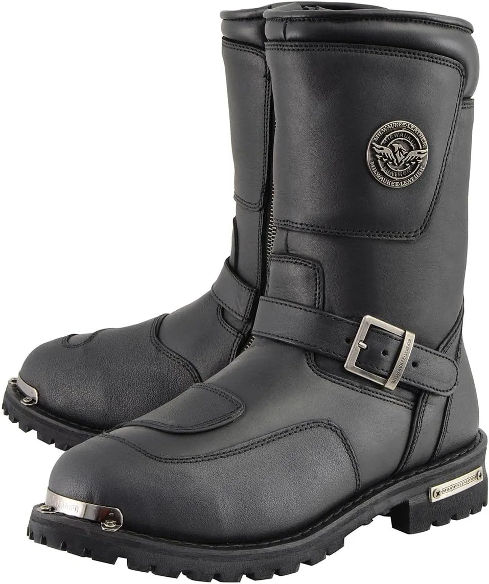 Milwaukee Leather Men's Black Leather Classic Engineer Motorcycle Boots w/Reflective Piping & Gear Shift Protection MBM9070