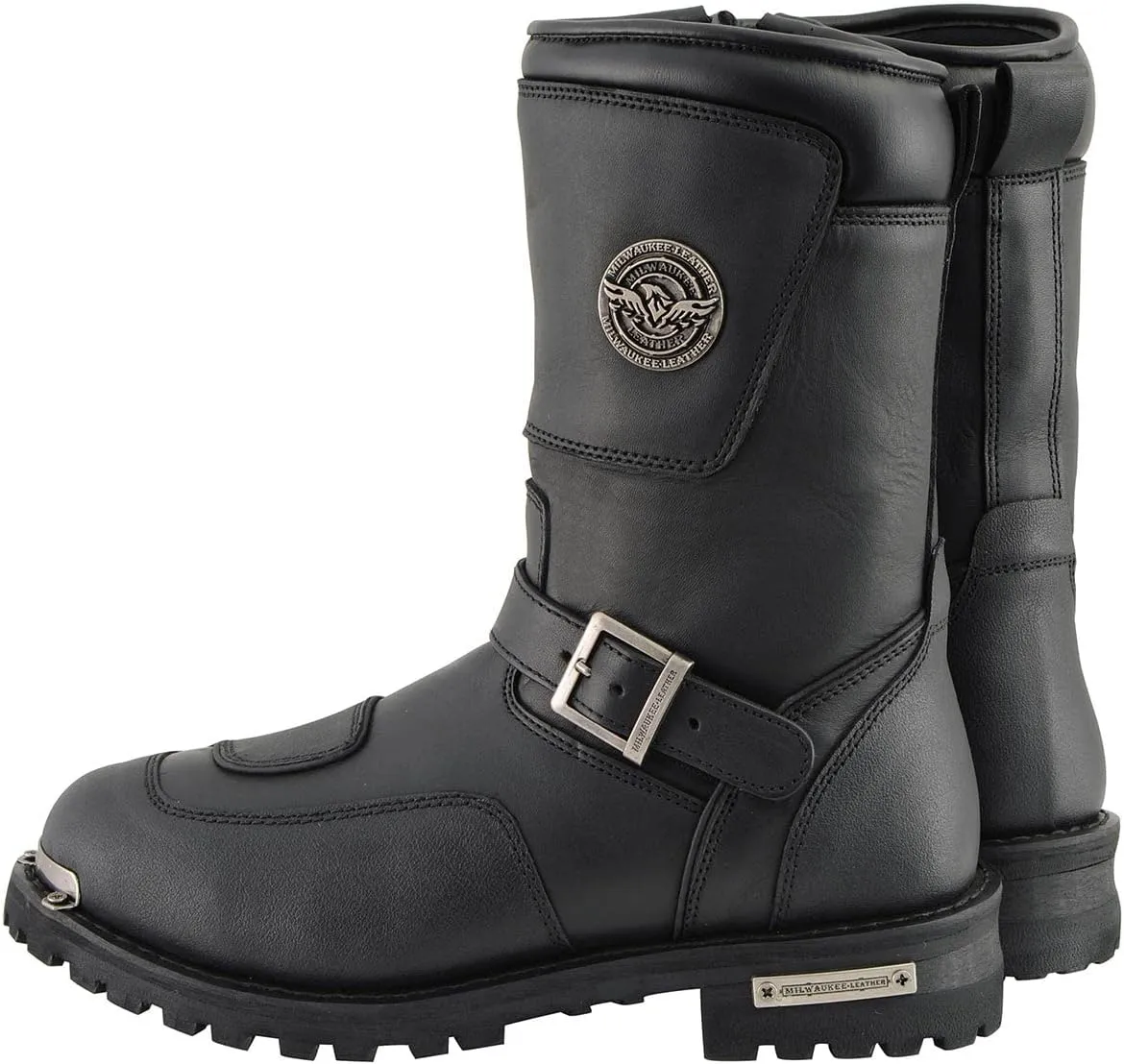 Milwaukee Leather Men's Black Leather Classic Engineer Motorcycle Boots w/Reflective Piping & Gear Shift Protection MBM9070