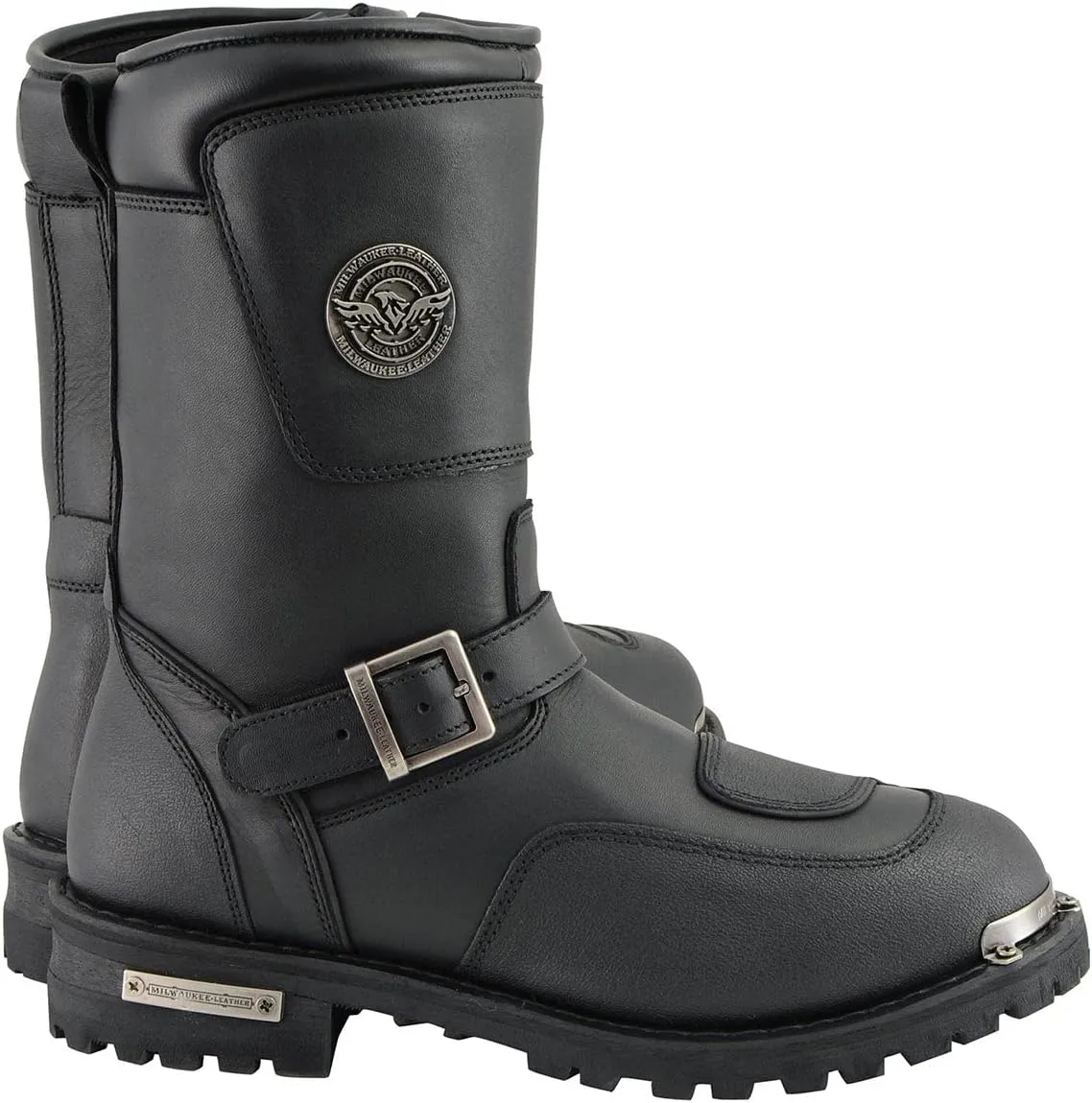Milwaukee Leather Men's Black Leather Classic Engineer Motorcycle Boots w/Reflective Piping & Gear Shift Protection MBM9070