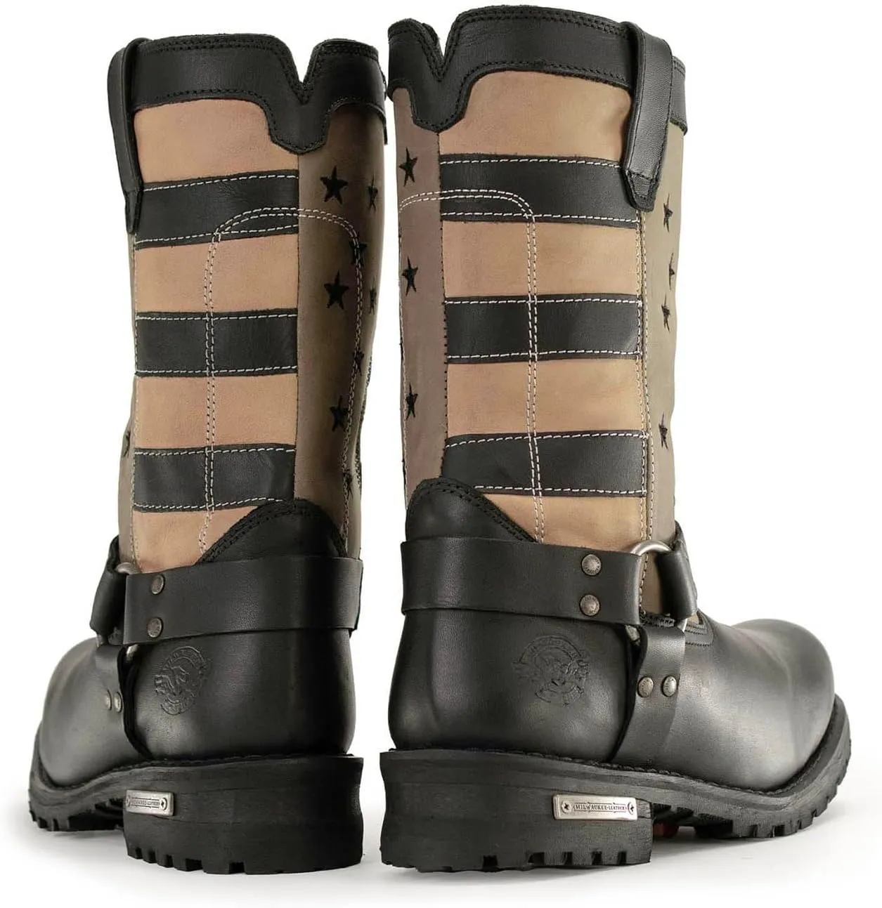 Milwaukee Leather Men's Stars and Stripes Black with Tan Motorcycle Rider Harness Boots MBM9045-9