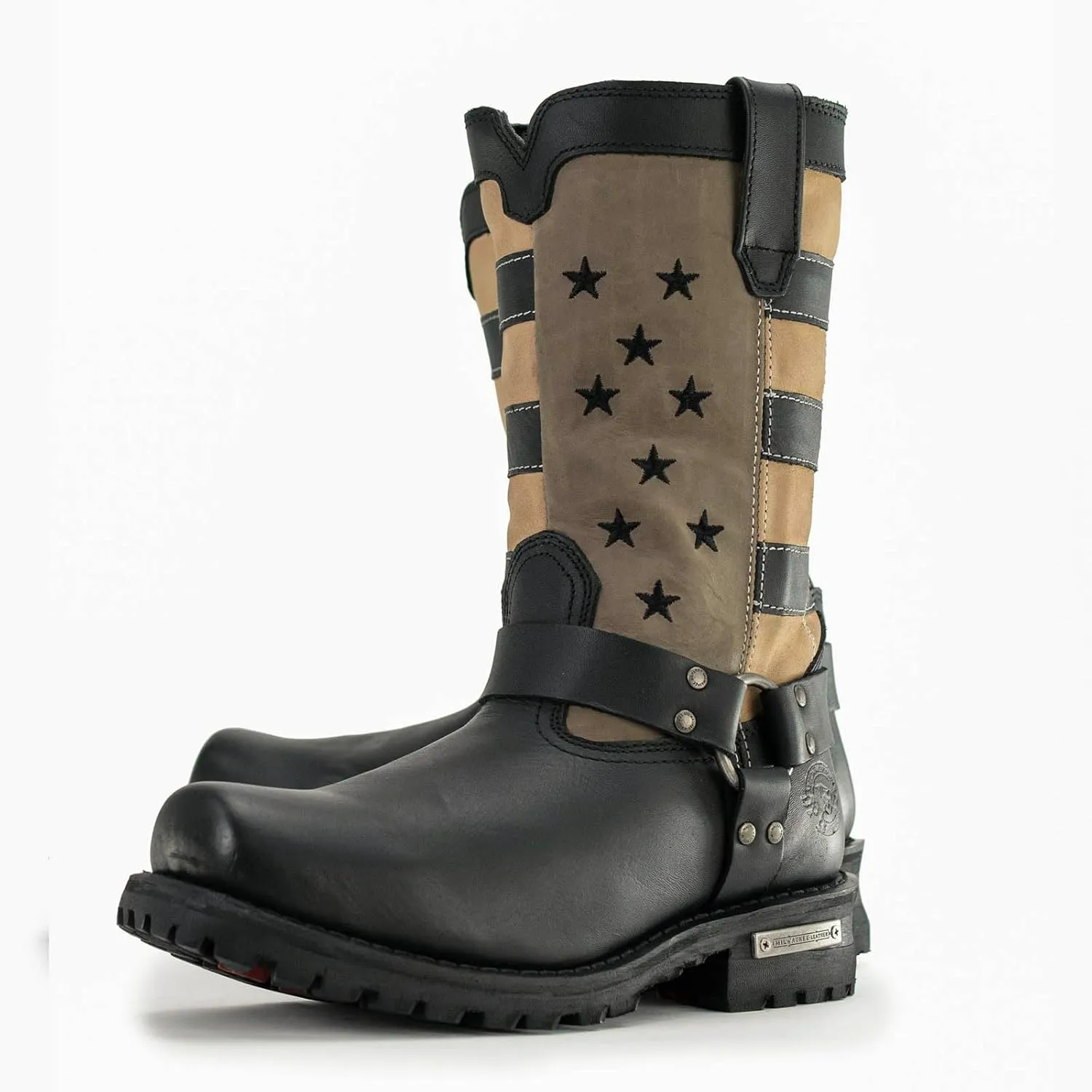 Milwaukee Leather Men's Stars and Stripes Black with Tan Motorcycle Rider Harness Boots MBM9045-9