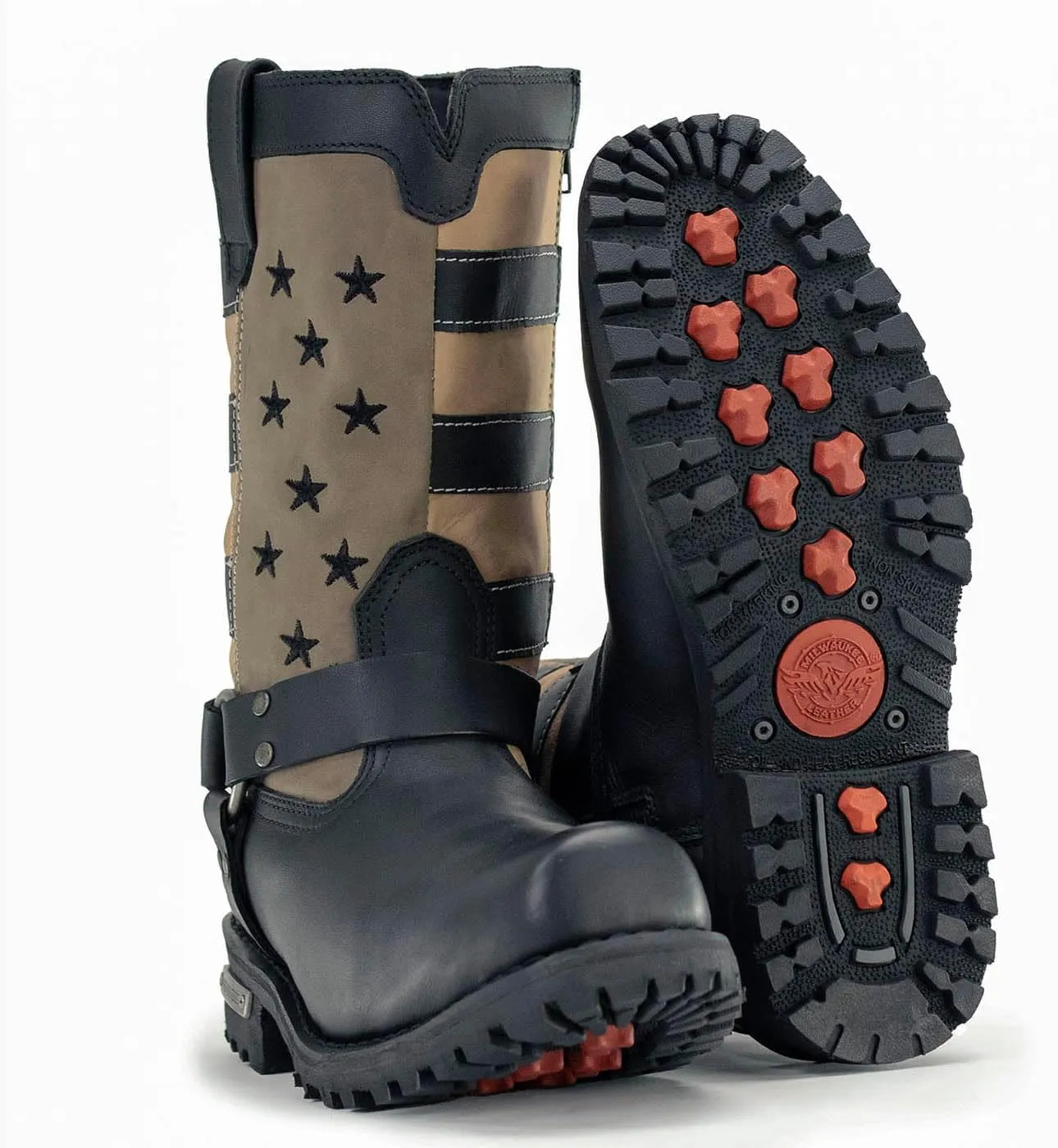 Milwaukee Leather Men's Stars and Stripes Black with Tan Motorcycle Rider Harness Boots MBM9045-9