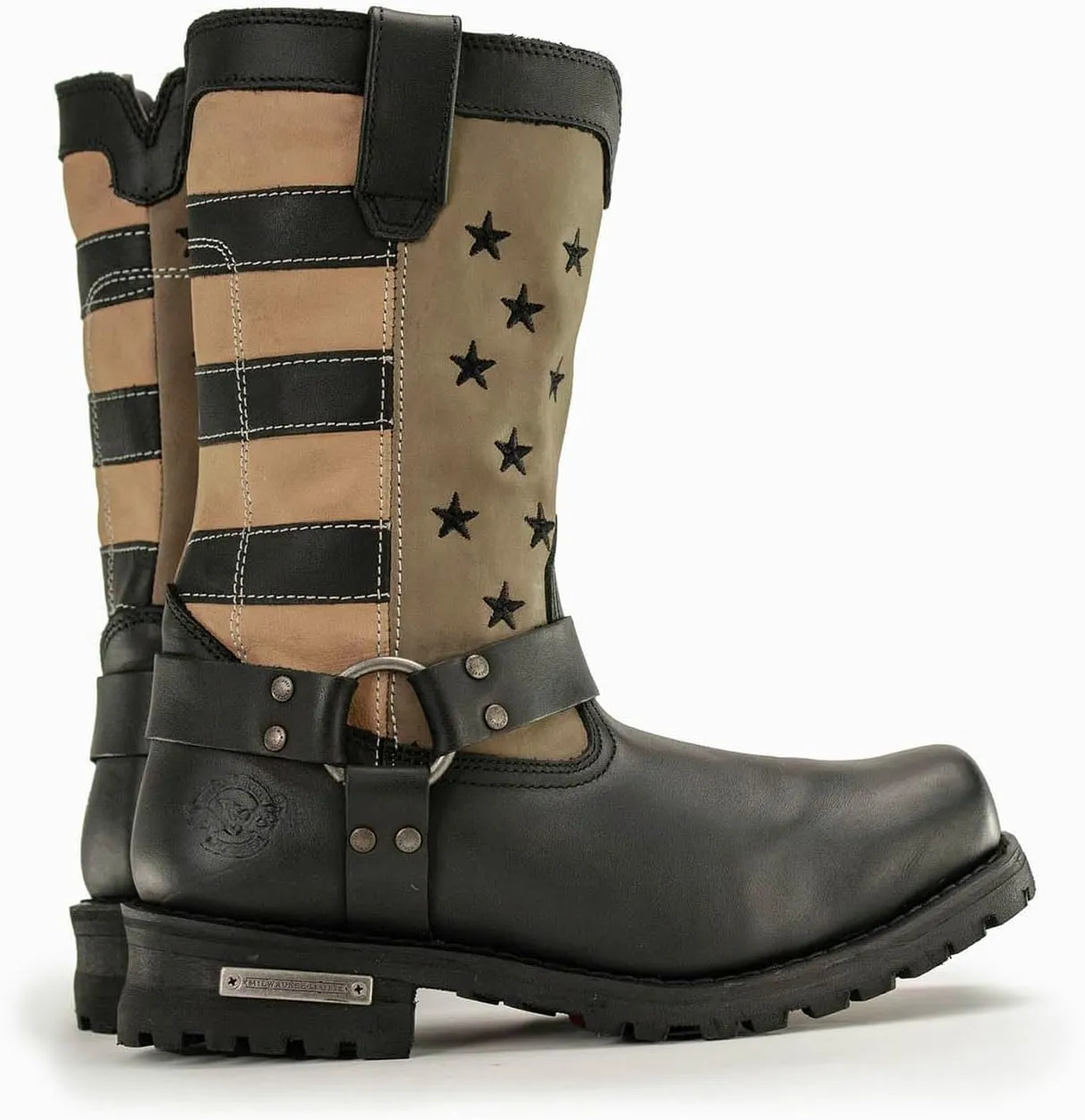 Milwaukee Leather Men's Stars and Stripes Black with Tan Motorcycle Rider Harness Boots MBM9045-9