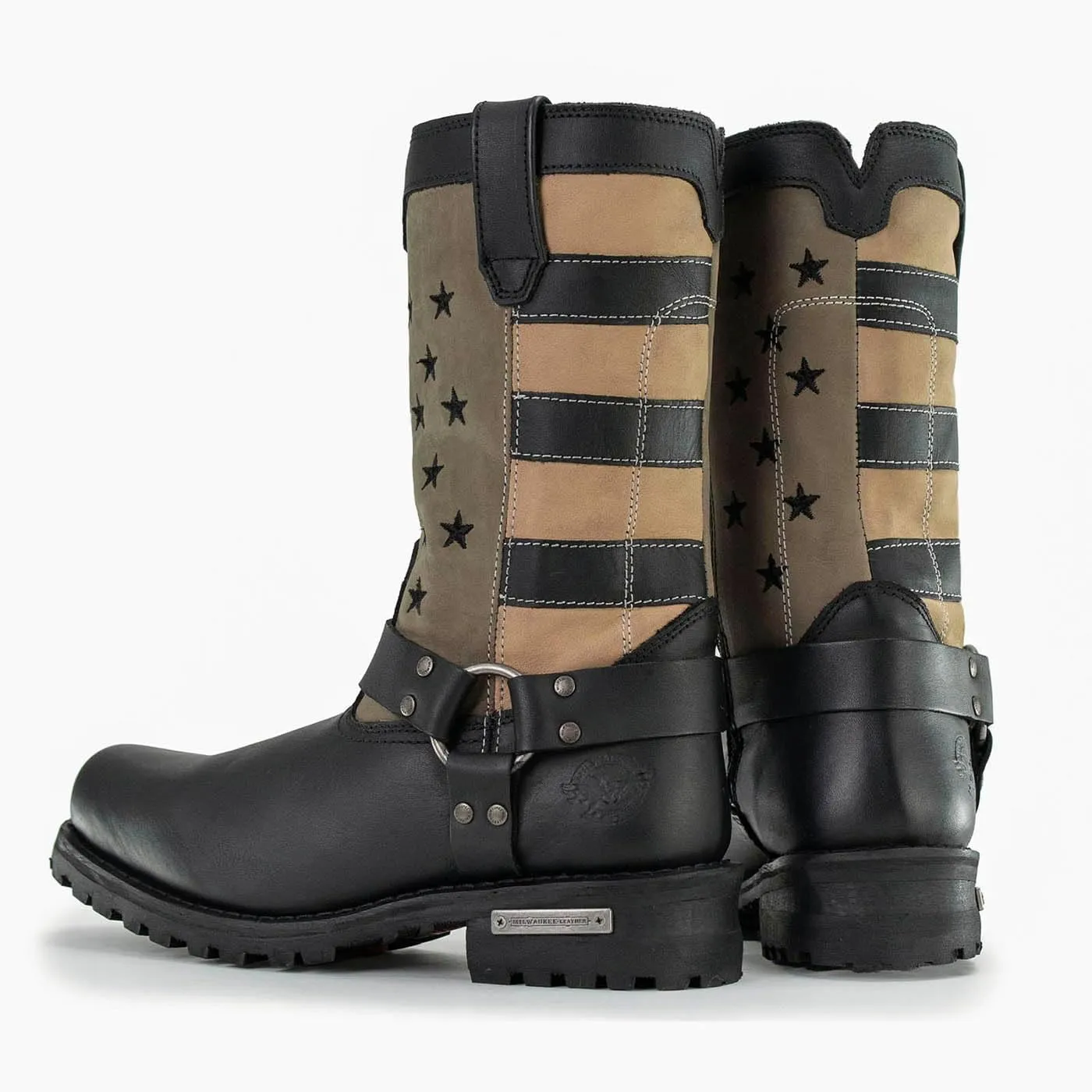 Milwaukee Leather Men's Stars and Stripes Black with Tan Motorcycle Rider Harness Boots MBM9045-9