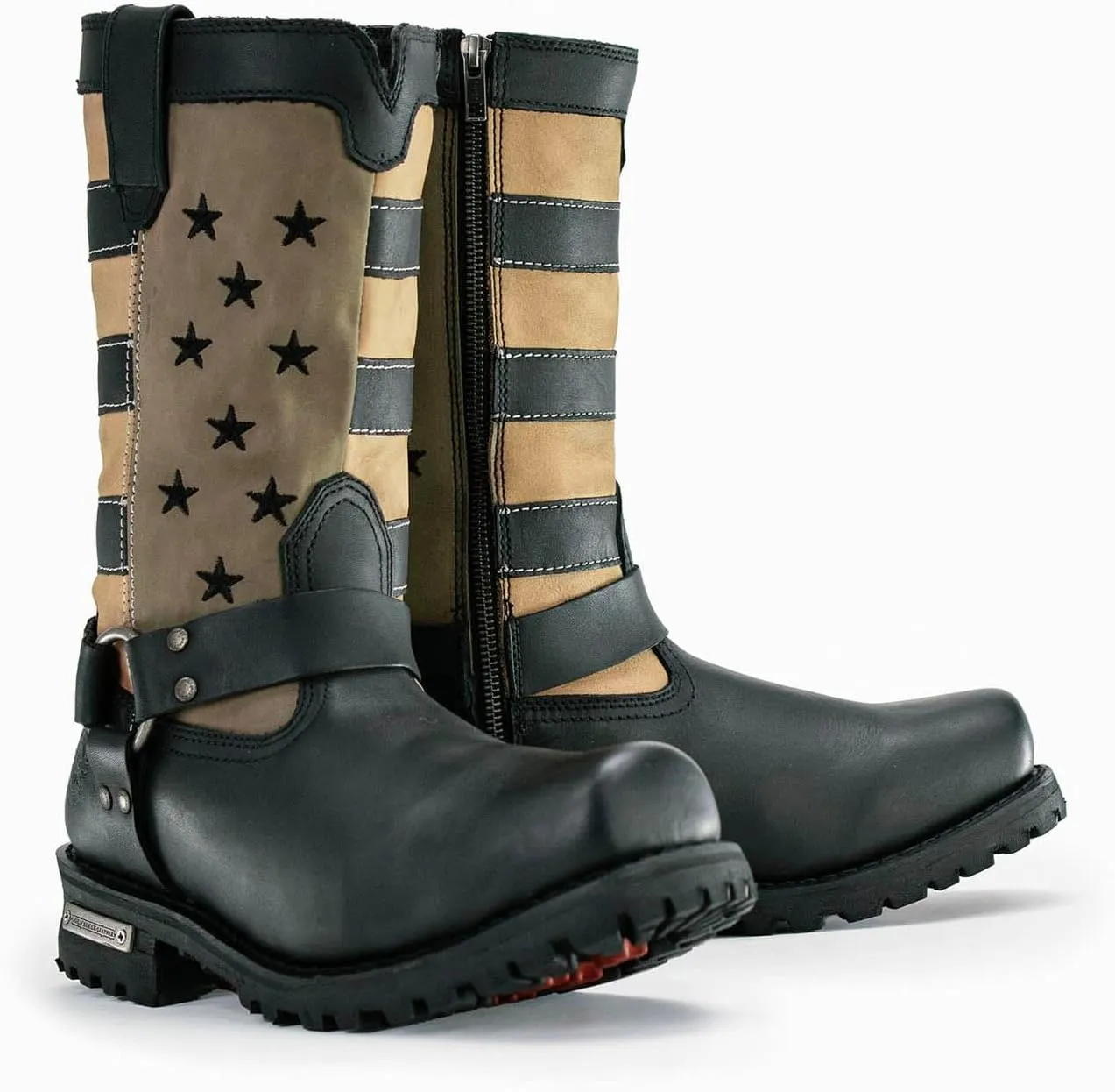 Milwaukee Leather Men's Stars and Stripes Black with Tan Motorcycle Rider Harness Boots MBM9045-9