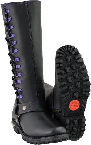 Milwaukee Leather Women's Black 14-inch Leather Harness Motorcycle Boots with Purple Accent Lacing MBL9366-9