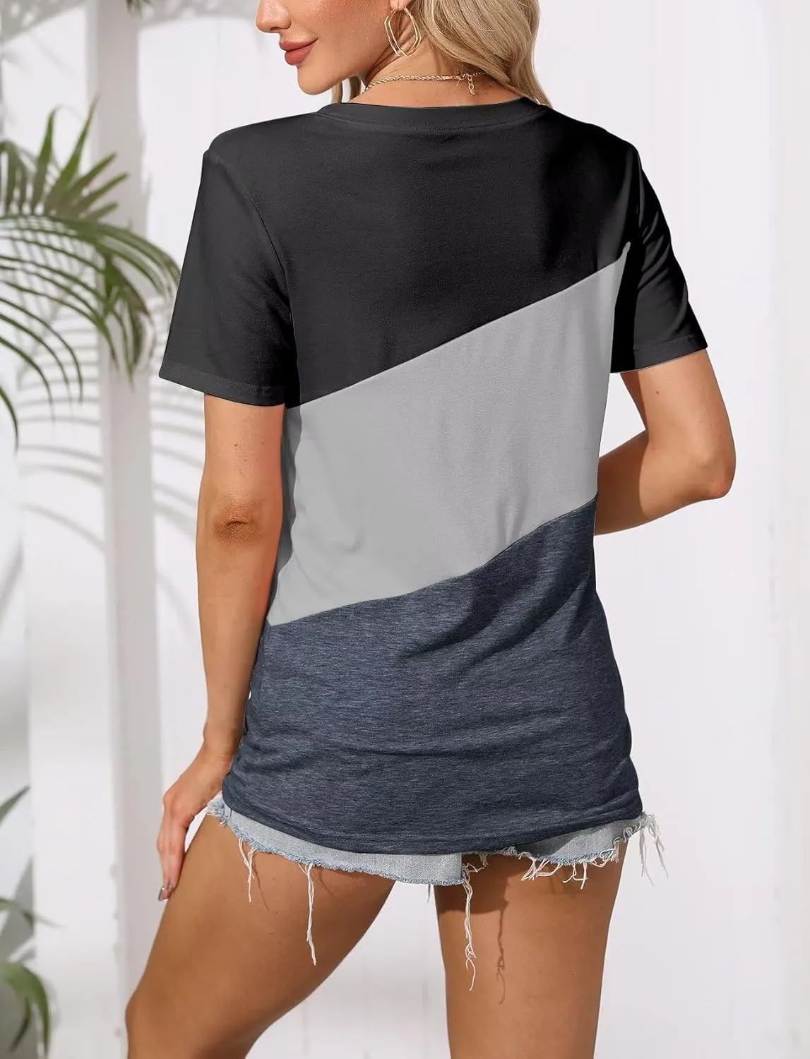 Minetom Women's T Shirts Short Sleeve Color Block/Solid Tops Casual Summer Tees