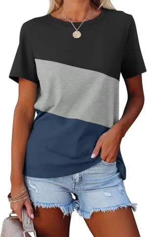Minetom Women's T Shirts Short Sleeve Color Block/Solid Tops Casual Summer Tees