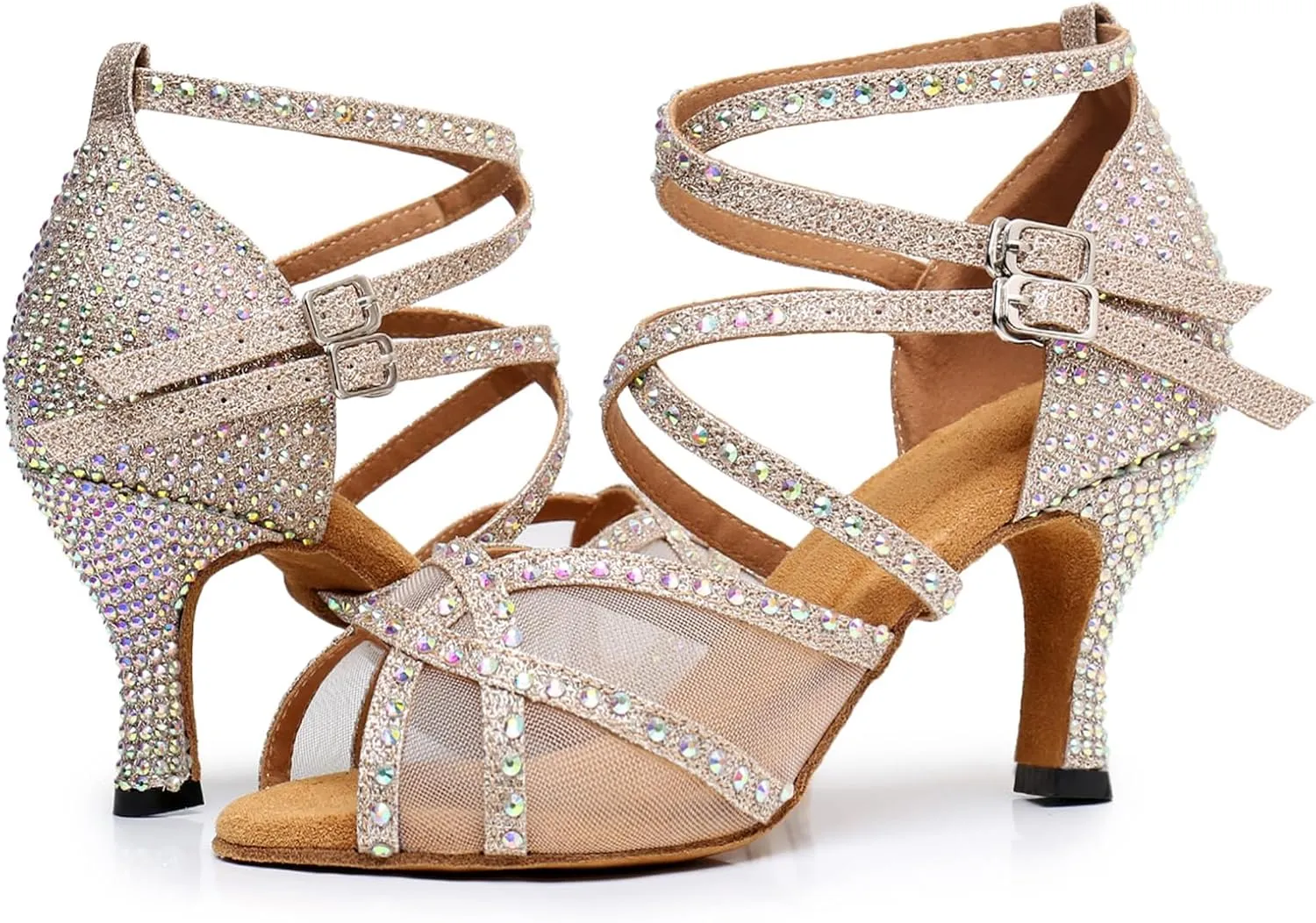 Minishion Womens Rhinestones Dancing Sandals Elegant Mesh Wedding Prom Shoes