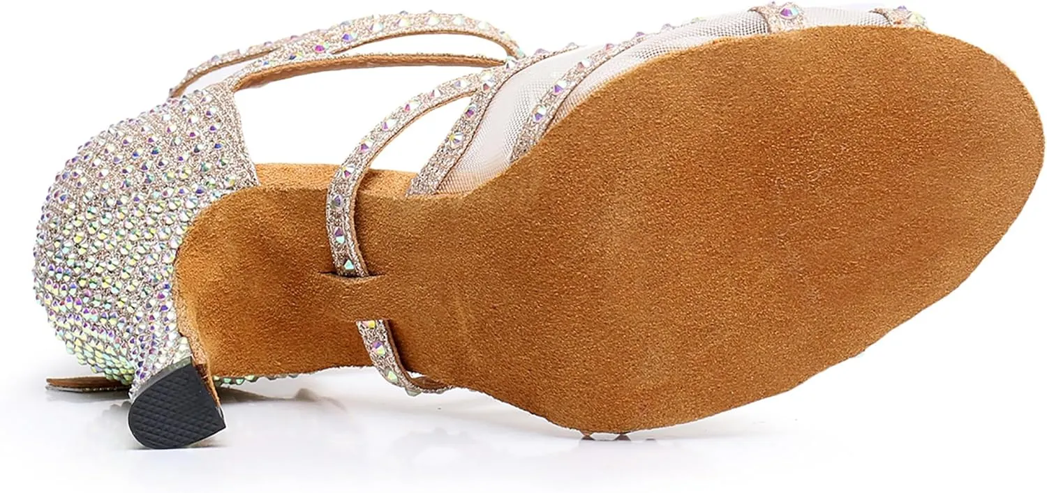 Minishion Womens Rhinestones Dancing Sandals Elegant Mesh Wedding Prom Shoes