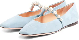 MIRAAZZURRA Mary Jane Flats for Women Ballet Flats Square Toe Pearl Strap Retro Dress Shoes