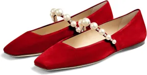 MIRAAZZURRA Mary Jane Flats for Women Ballet Flats Square Toe Pearl Strap Retro Dress Shoes
