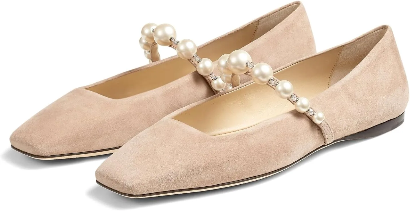 MIRAAZZURRA Mary Jane Flats for Women Ballet Flats Square Toe Pearl Strap Retro Dress Shoes