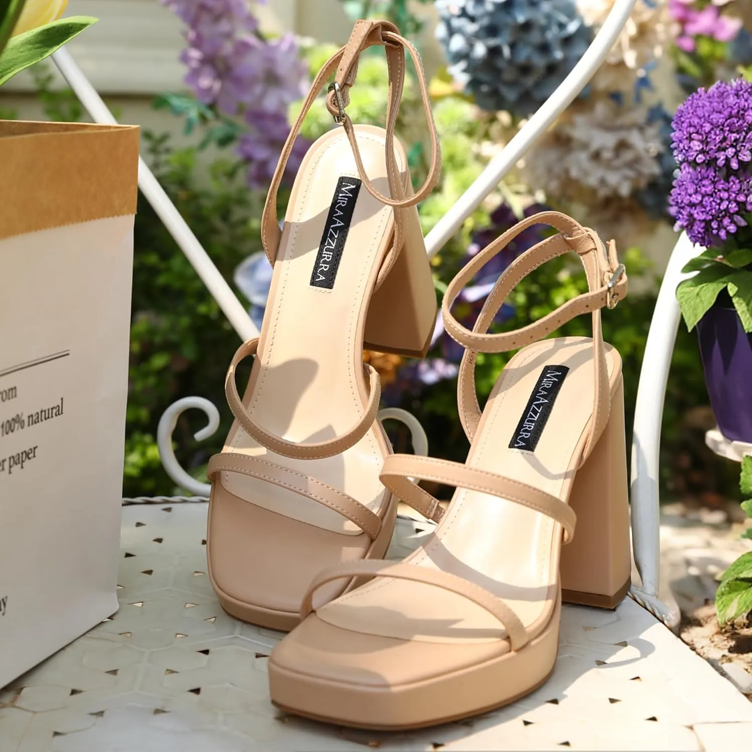 MIRAAZZURRA Platform Strappy Heel Sandals Square Open Toe Two Strap Chunky High Heeled Sandals with Buckle Ankle Strap for Women Party Wedding Dress