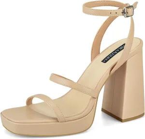 MIRAAZZURRA Platform Strappy Heel Sandals Square Open Toe Two Strap Chunky High Heeled Sandals with Buckle Ankle Strap for Women Party Wedding Dress