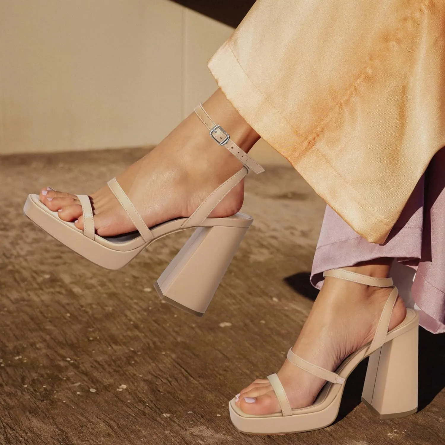 MIRAAZZURRA Platform Strappy Heel Sandals Square Open Toe Two Strap Chunky High Heeled Sandals with Buckle Ankle Strap for Women Party Wedding Dress