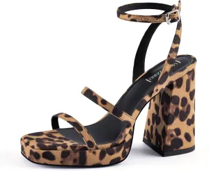 MIRAAZZURRA Platform Strappy Heel Sandals Square Open Toe Two Strap Chunky High Heeled Sandals with Buckle Ankle Strap for Women Party Wedding Dress