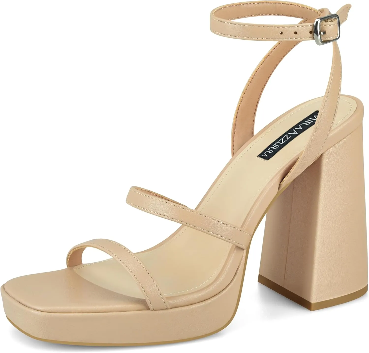 MIRAAZZURRA Platform Strappy Heel Sandals Square Open Toe Two Strap Chunky High Heeled Sandals with Buckle Ankle Strap for Women Party Wedding Dress