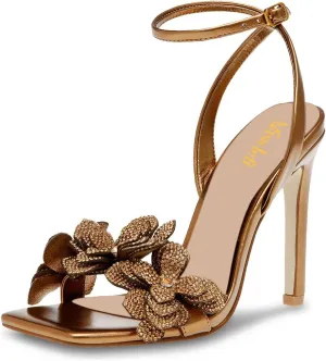miss left Women Rhinestones Stiletto Heel Sandals with Strap Buckles Flower Embellished Open Square Toe High Heels Pumps Chic Wedding Event Dress Shoes Size 4-16 US
