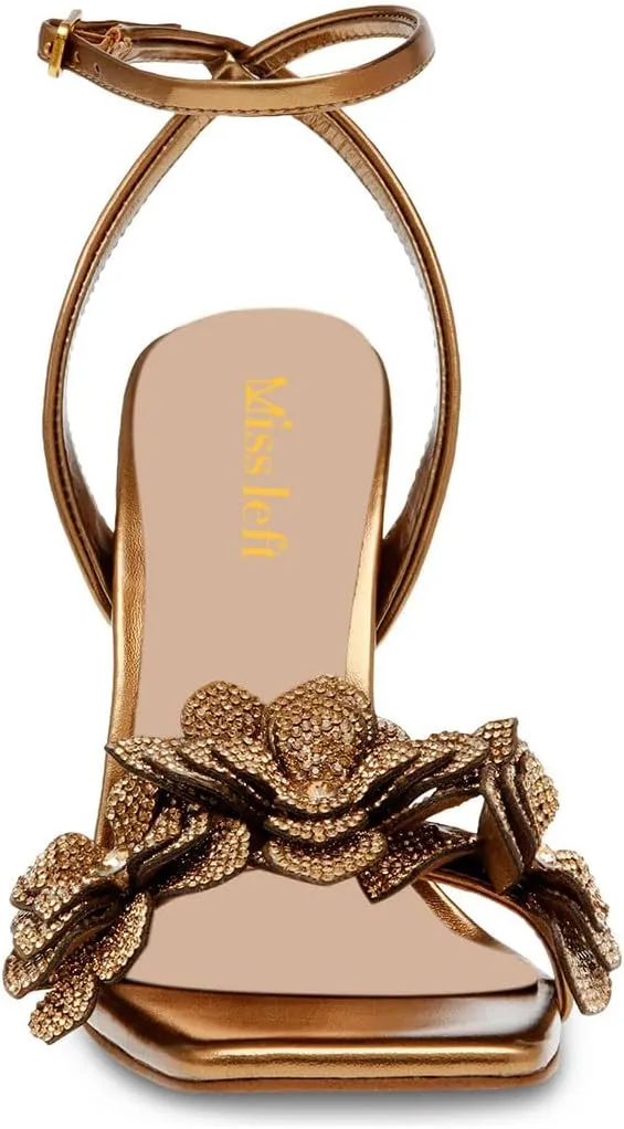 miss left Women Rhinestones Stiletto Heel Sandals with Strap Buckles Flower Embellished Open Square Toe High Heels Pumps Chic Wedding Event Dress Shoes Size 4-16 US