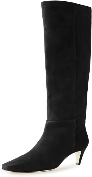 miss left Women Stretchy Knee High Boot Closed Square Toe Low Kitten Heel Winter Fall Tall Boots Party Dress Shoes Size 4-16 US