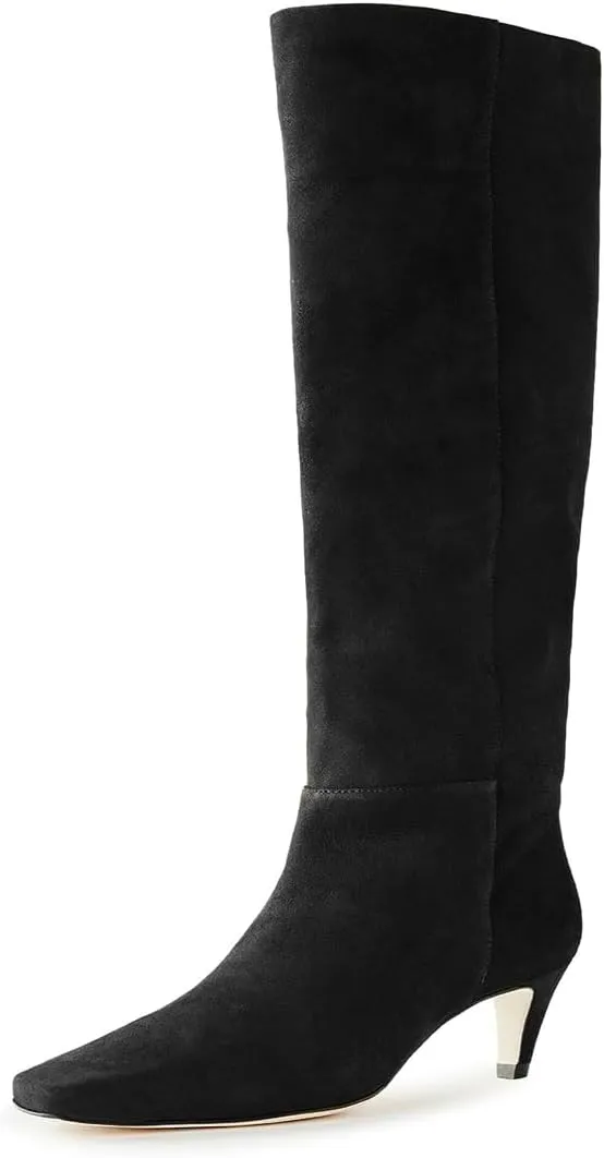 miss left Women Stretchy Knee High Boot Closed Square Toe Low Kitten Heel Winter Fall Tall Boots Party Dress Shoes Size 4-16 US