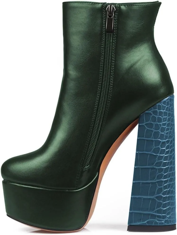miss left Women Thick Platform Round Toe Ankle Boots Side Zip Crocodile Chunky Heels Booties Fashion Party Shoes Size 4-16 US