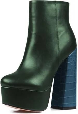 miss left Women Thick Platform Round Toe Ankle Boots Side Zip Crocodile Chunky Heels Booties Fashion Party Shoes Size 4-16 US