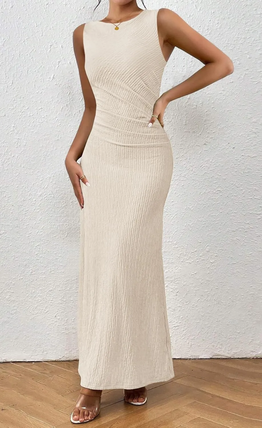MITILLY Summer Formal Maxi Dresses for Women 2025 Sleeveless Crew Neck Textured Ruched Bodycon Elegant Wedding Guest Dress